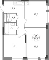 Планировка двухкомнатной(квартира) площадью 51.5 квадратных метров в “ЖК Первый Московский”