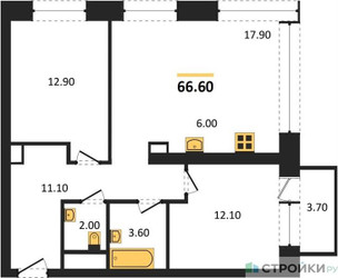Планировка двухкомнатной(квартира) площадью 66.6 квадратных метров в ЖК “ЖК Republic (Репаблик)”