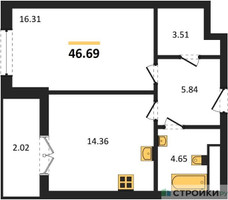 Планировка однокомнатной(квартира) площадью 46.69 квадратных метров в “ЖК Sezar City (Сезар Сити)”