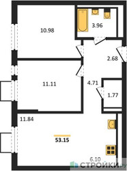 Планировка двухкомнатной(квартира) площадью 53.15 квадратных метров в ЖК “ЖК Горки Парк”