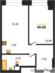 Планировка однокомнатной(квартира) площадью 49.6 квадратных метров в ЖК “ЖК Мираполис”