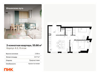 Планировка двухкомнатной(квартира) площадью 55.66 квадратных метров в ЖК “ЖК Ильинские луга”