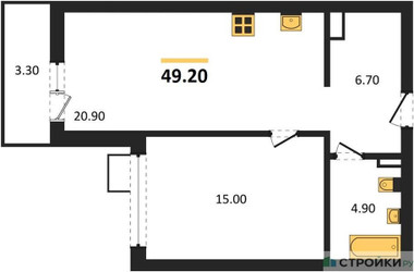 Планировка однокомнатной(квартира) площадью 49.2 квадратных метров в ЖК “ЖК Деснаречье”
