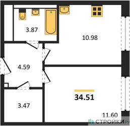 Планировка однокомнатной(квартира) площадью 34.51 квадратных метров в ЖК “ЖК Подольские кварталы”