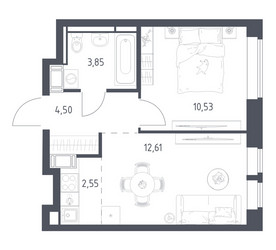 Планировка однокомнатной(квартира) площадью 34.04 квадратных метров в ЖК “ЖК Большое Путилково”