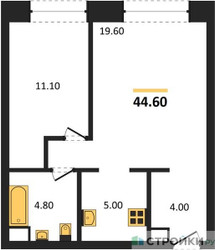Планировка однокомнатной(квартира) площадью 44.6 квадратных метров в ЖК “ЖК Voice Towers (Войс Тауэрс)”