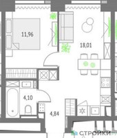 Планировка однокомнатной(квартира) площадью 38.91 квадратных метров в “ЖК Upside Towers (Апсайд Тауэрс)”