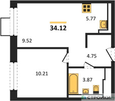 Планировка однокомнатной(квартира) площадью 34.12 квадратных метров в “ЖК Пригород Лесное”