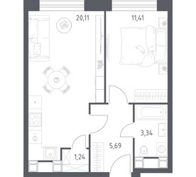 Планировка однокомнатной(апартаменты) площадью 41.79 квадратных метров в ЖК “ЖК Пятницкое 58 (Перец)”