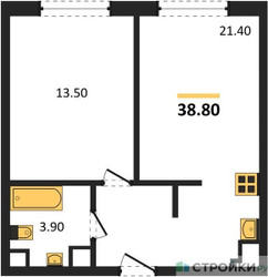 Планировка однокомнатной(квартира) площадью 38.8 квадратных метров в ЖК “ЖК Восточный”