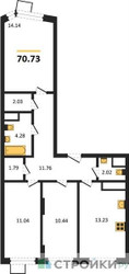 Планировка трехкомнатной(квартира) площадью 70.73 квадратных метров в ЖК “ЖК Новотомилино”