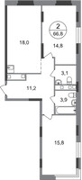 Планировка двухкомнатной(квартира) площадью 66.8 квадратных метров в “ЖК Переделкино Ближнее”