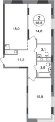 Планировка двухкомнатной(квартира) площадью 66.8 квадратных метров в ЖК “ЖК Переделкино Ближнее”