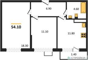 Планировка двухкомнатной(квартира) площадью 54.1 квадратных метров в “ЖК Южные сады”