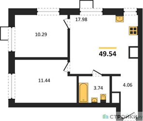 Планировка двухкомнатной(квартира) площадью 49.54 квадратных метров в ЖК “ЖК Квартал Тетрис”