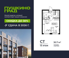 Планировка студии(квартира) площадью 30.7 квадратных метров в “ЖК Пушкино Град”