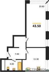 Планировка однокомнатной(квартира) площадью 43.5 квадратных метров в ЖК “ЖК Мираполис”