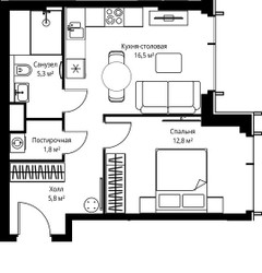 Планировка однокомнатной(квартира) площадью 42.2 квадратных метров в ЖК “ЖК Веер”