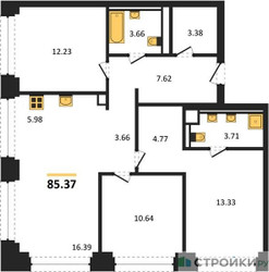 Планировка трехкомнатной(квартира) площадью 85.37 квадратных метров в ЖК “ЖК NOVA (Нова)”
