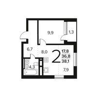 Планировка двухкомнатной(квартира) площадью 38.1 квадратных метров в “Новые Ватутинки. Заречный”