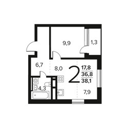 Планировка двухкомнатной(квартира) площадью 38.1 квадратных метров в ЖК “Новые Ватутинки. Заречный”