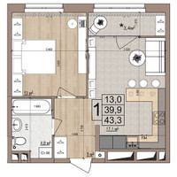 Планировка однокомнатной(квартира) площадью 43.3 квадратных метров в “ЖК Гранд Комфорт”