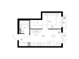 Планировка однокомнатной(квартира) площадью 33.9 квадратных метров в ЖК “ЖК Ильинские луга”