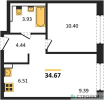 Планировка однокомнатной(квартира) площадью 34.67 квадратных метров в “ЖК Рублевский Квартал”