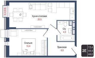 Планировка двухкомнатной(квартира) площадью 44.4 квадратных метров в “ЖК КИНОКВАРТАЛ”