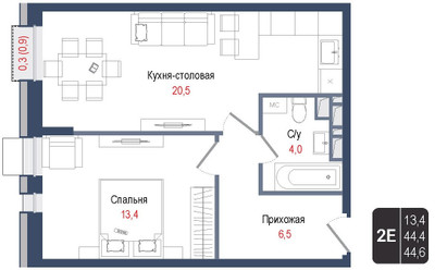 Планировка двухкомнатной(квартира) площадью 44.4 квадратных метров в ЖК “ЖК КИНОКВАРТАЛ”