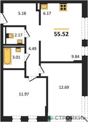 Планировка двухкомнатной(квартира) площадью 55.52 квадратных метров в ЖК “ЖК Егорово Парк”