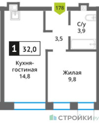 Планировка однокомнатной(квартира) площадью 32 квадратных метров в ЖК “ЖК Никольский квартал Отрада”