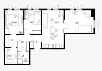 Планировка трехкомнатной(квартира) площадью 74.5 квадратных метров в ЖК “ЖК Саларьево парк”