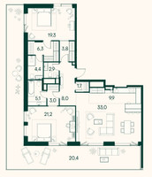 Планировка двухкомнатной(квартира) площадью 139 квадратных метров в “ЖК Клубный город на реке Primavera (Примавера)”
