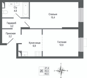 Планировка двухкомнатной(квартира) площадью 45.5 квадратных метров в ЖК “ЖК КИНОКВАРТАЛ”