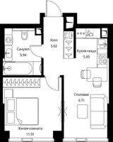 Планировка однокомнатной(квартира) площадью 38.27 квадратных метров в “ЖК Сити Бэй”