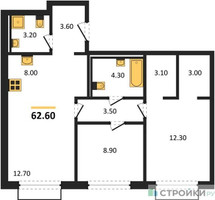 Планировка двухкомнатной(квартира) площадью 62.6 квадратных метров в “ЖК Равновесие”