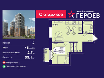 Планировка двухкомнатной(квартира) площадью 35.1 квадратных метров в ЖК “ЖК Героев”