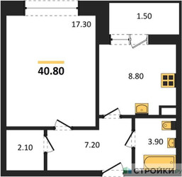 Планировка однокомнатной(квартира) площадью 40.8 квадратных метров в ЖК “ЖК Малиново”