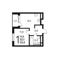 Планировка однокомнатной(квартира) площадью 33.4 квадратных метров в “Новые Ватутинки. Заречный”