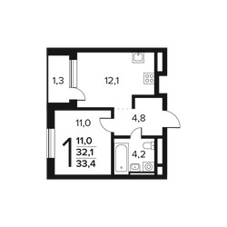 Планировка однокомнатной(квартира) площадью 33.4 квадратных метров в ЖК “Новые Ватутинки. Заречный”