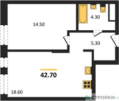 Планировка однокомнатной(квартира) площадью 42.7 квадратных метров в “ЖК Первый Московский”