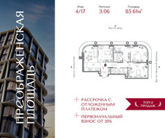 Планировка трехкомнатной(квартира) площадью 85.61 квадратных метров в “ЖК Преображенская Площадь”