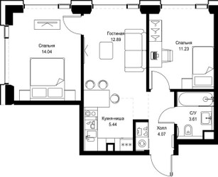 Планировка двухкомнатной(квартира) площадью 51.28 квадратных метров в ЖК “ЖК СЕТ”