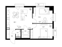 Планировка двухкомнатной(квартира) площадью 54.6 квадратных метров в “ЖК Ильинские луга”