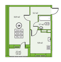 Планировка однокомнатной(квартира) площадью 38.2 квадратных метров в “ЖК Дом у озера”