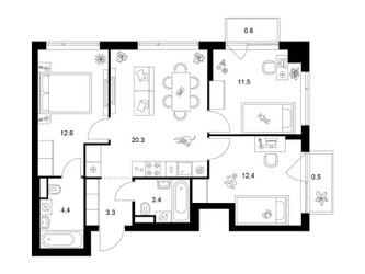 Планировка трехкомнатной(квартира) площадью 69 квадратных метров в ЖК “Бунинская набережная”
