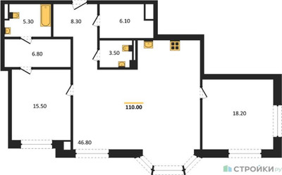 Планировка двухкомнатной(квартира) площадью 109.88 квадратных метров в ЖК “ЖК Хамовники 12”