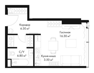 Планировка студии(квартира) площадью 32.9 квадратных метров в ЖК “ЖК Слава”