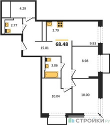 Планировка трехкомнатной(квартира) площадью 68.48 квадратных метров в ЖК “ЖК Долина Яузы”